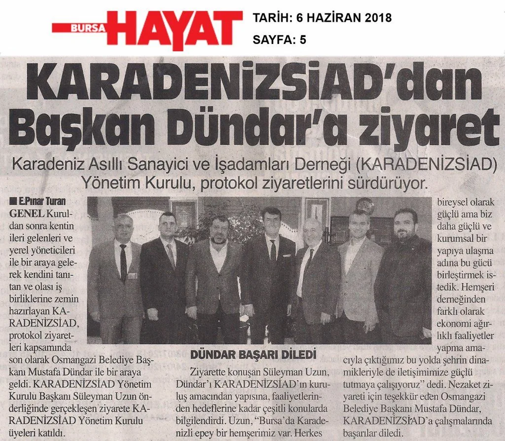 KARADENİZSİAD basında — BURSA HAYAT — 6 Haziran 2018 - Sayfa: 5