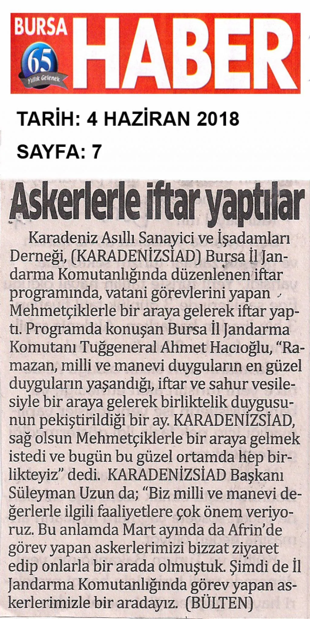 KARADENİZSİAD basında — BURSA HABER — 4 Haziran 2018 - Sayfa: 7
