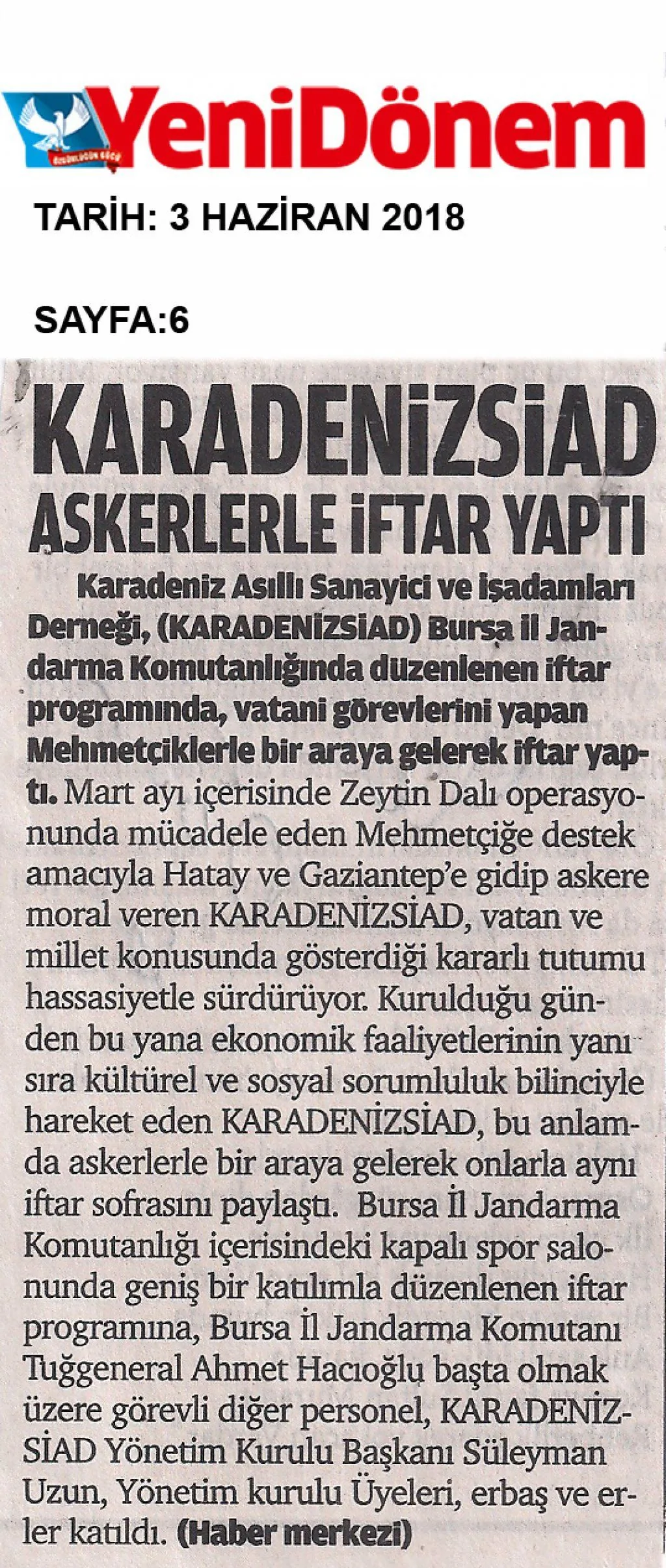 KARADENİZSİAD basında — YENİ DÖNEM — 3 Haziran 2018 - Sayfa: 6